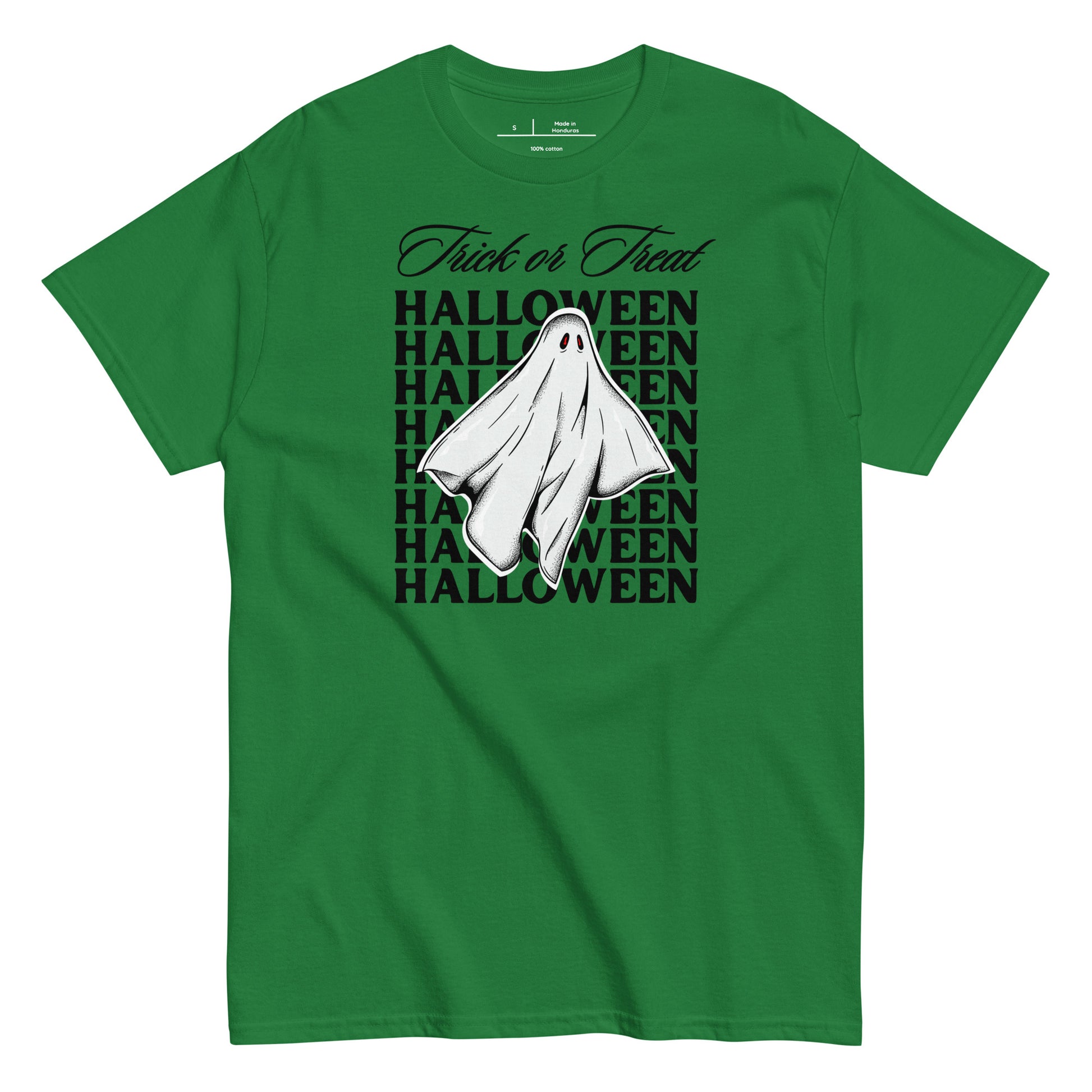 Green t-shirt with a ghost and 'Halloween' text design on a white background