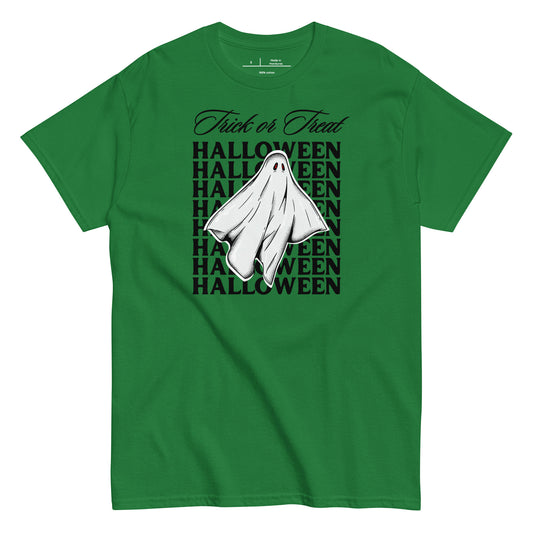Green t-shirt with a ghost and 'Halloween' text design on a white background
