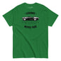 Green t-shirt with a vintage car graphic and text on a white background