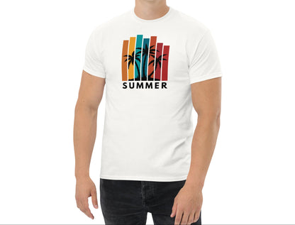 Man wearing a white t-shirt with a colorful 'Summer' design on a white background