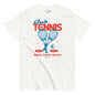 White t-shirt with 'Club Tennis' graphic design featuring tennis rackets and ball on a white background