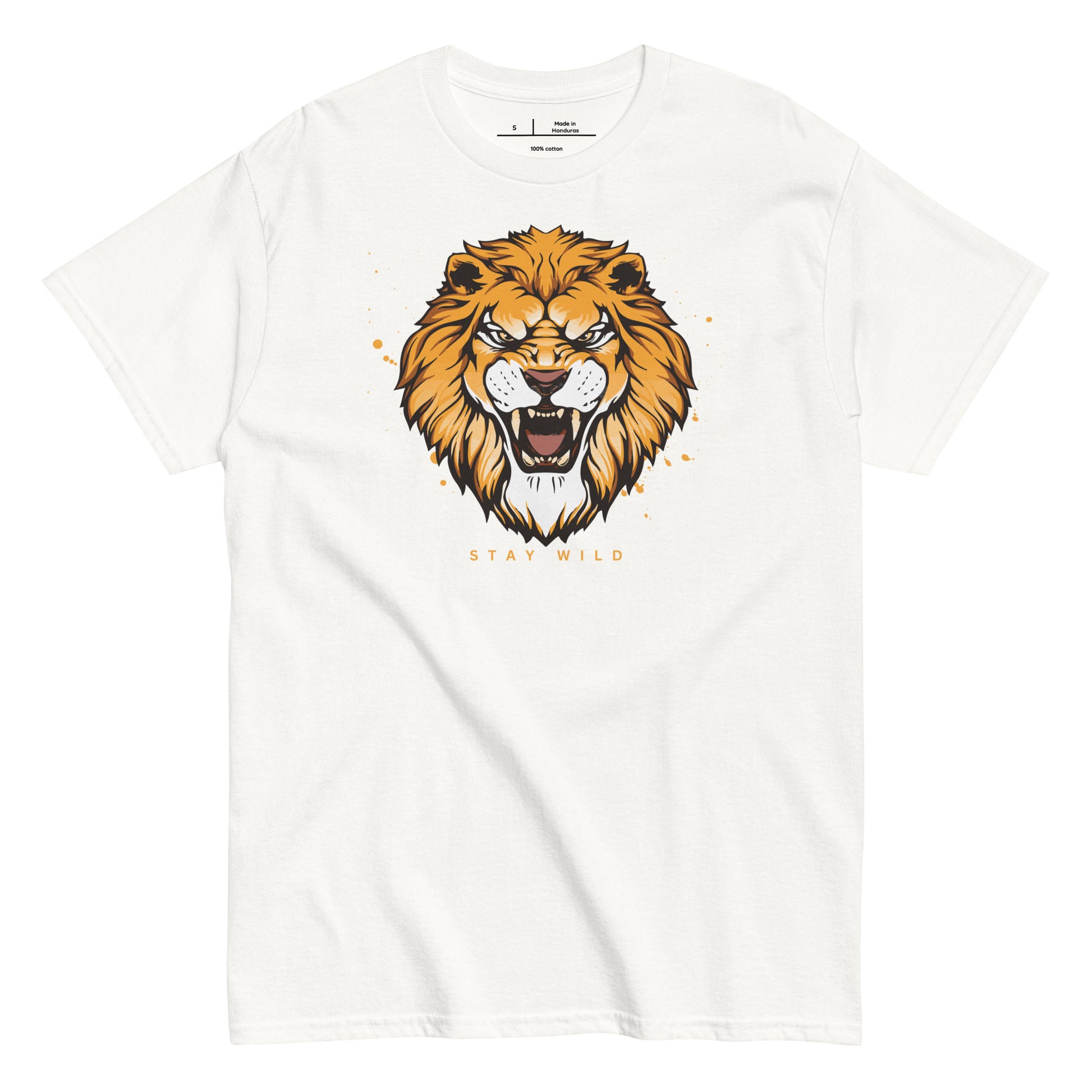 White t-shirt with a lion graphic and 'Stay Wild' text on a white background