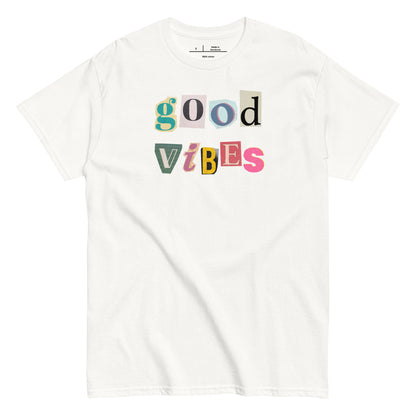 White t-shirt with 'good vibes' text in colorful letters on a white background
