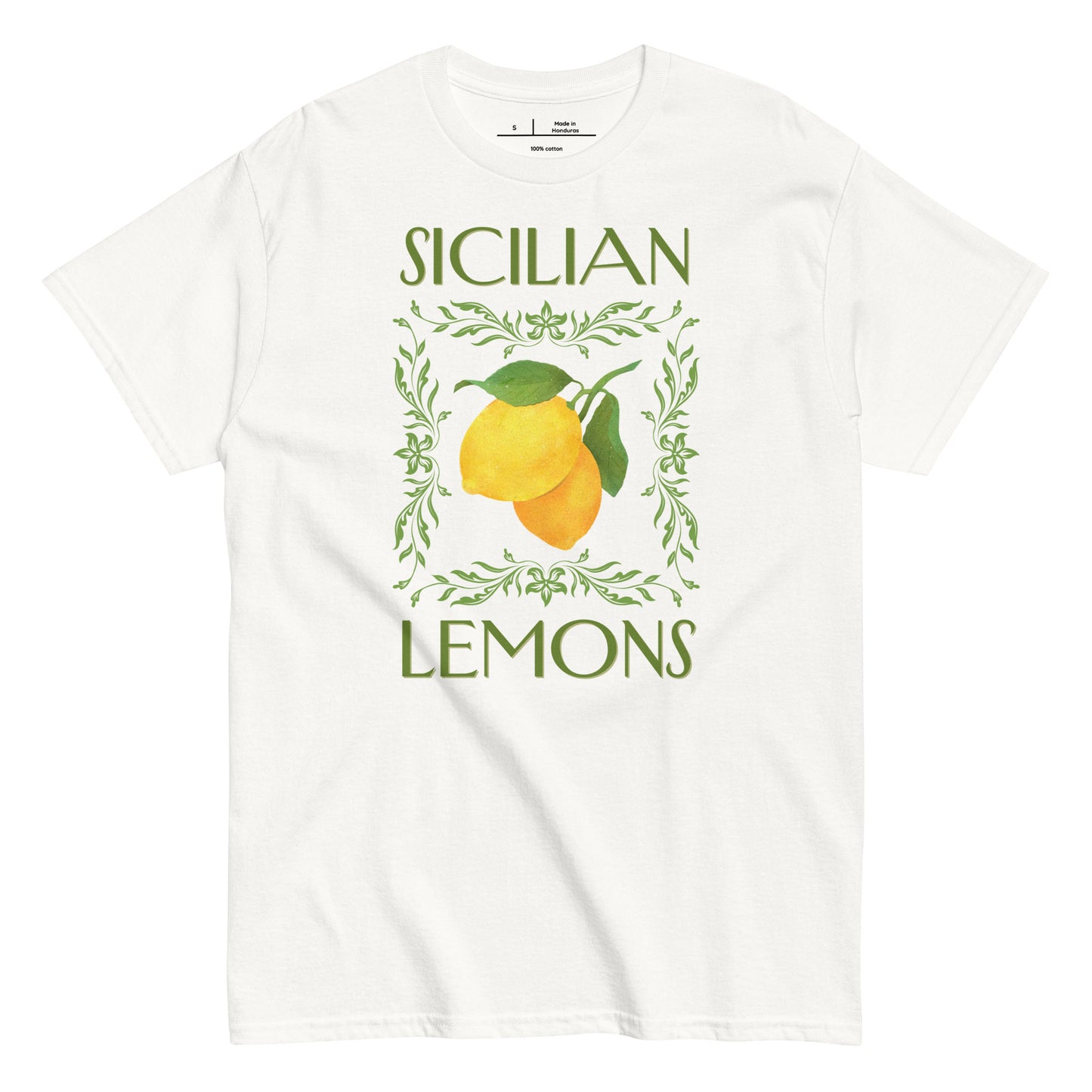 White t-shirt with 'Sicilian Lemons' graphic design on a white background