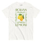 White t-shirt with 'Sicilian Lemons' graphic design on a white background