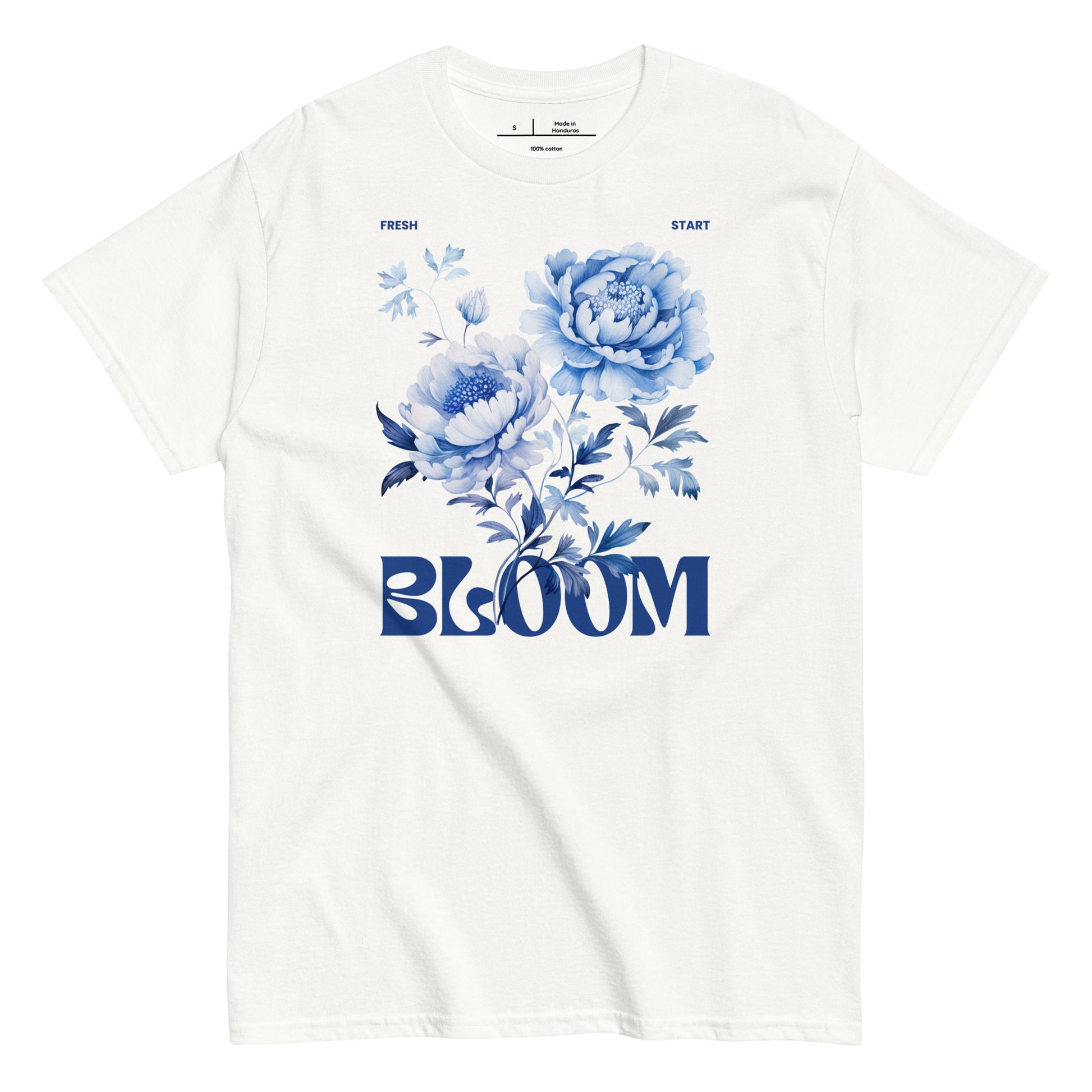 White t-shirt with blue floral design and 'BLOOM' text on a white background