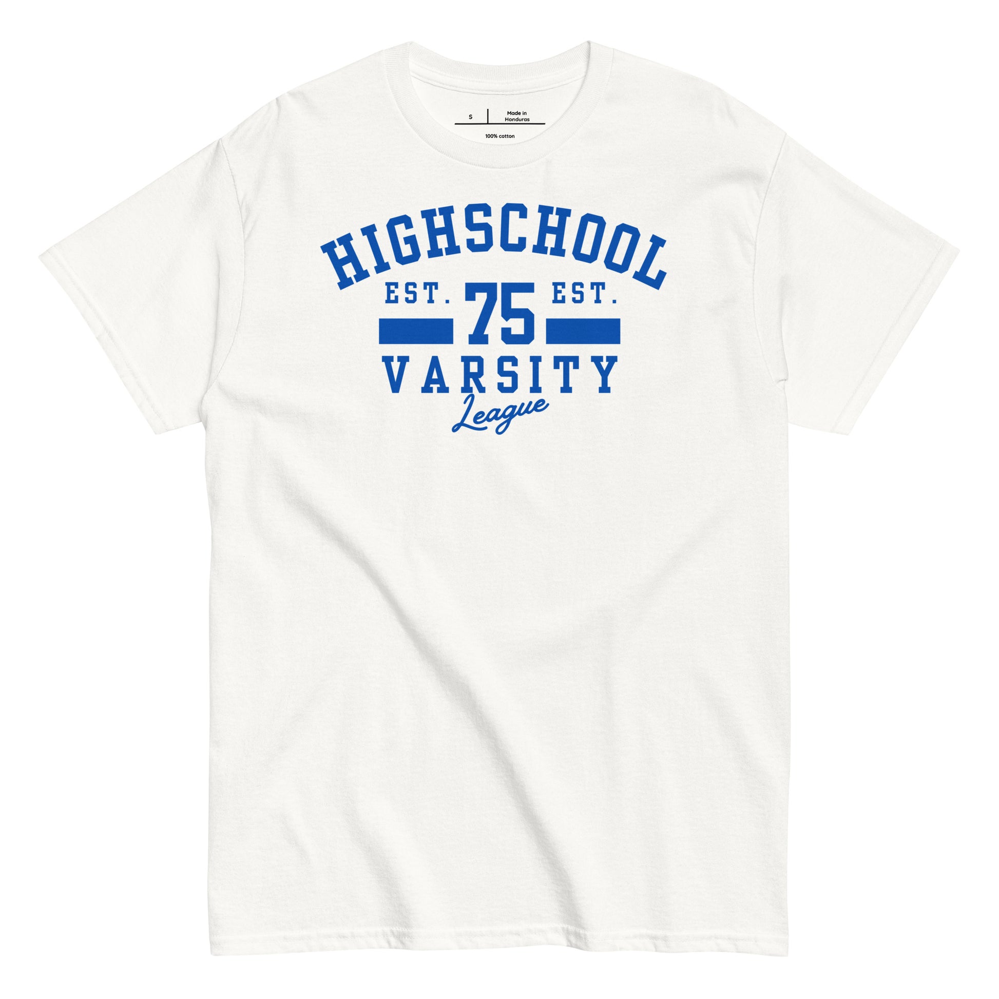 White t-shirt with blue 'Highschool Varsity League' text on a white background