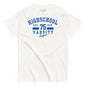 White t-shirt with blue 'Highschool Varsity League' text on a white background