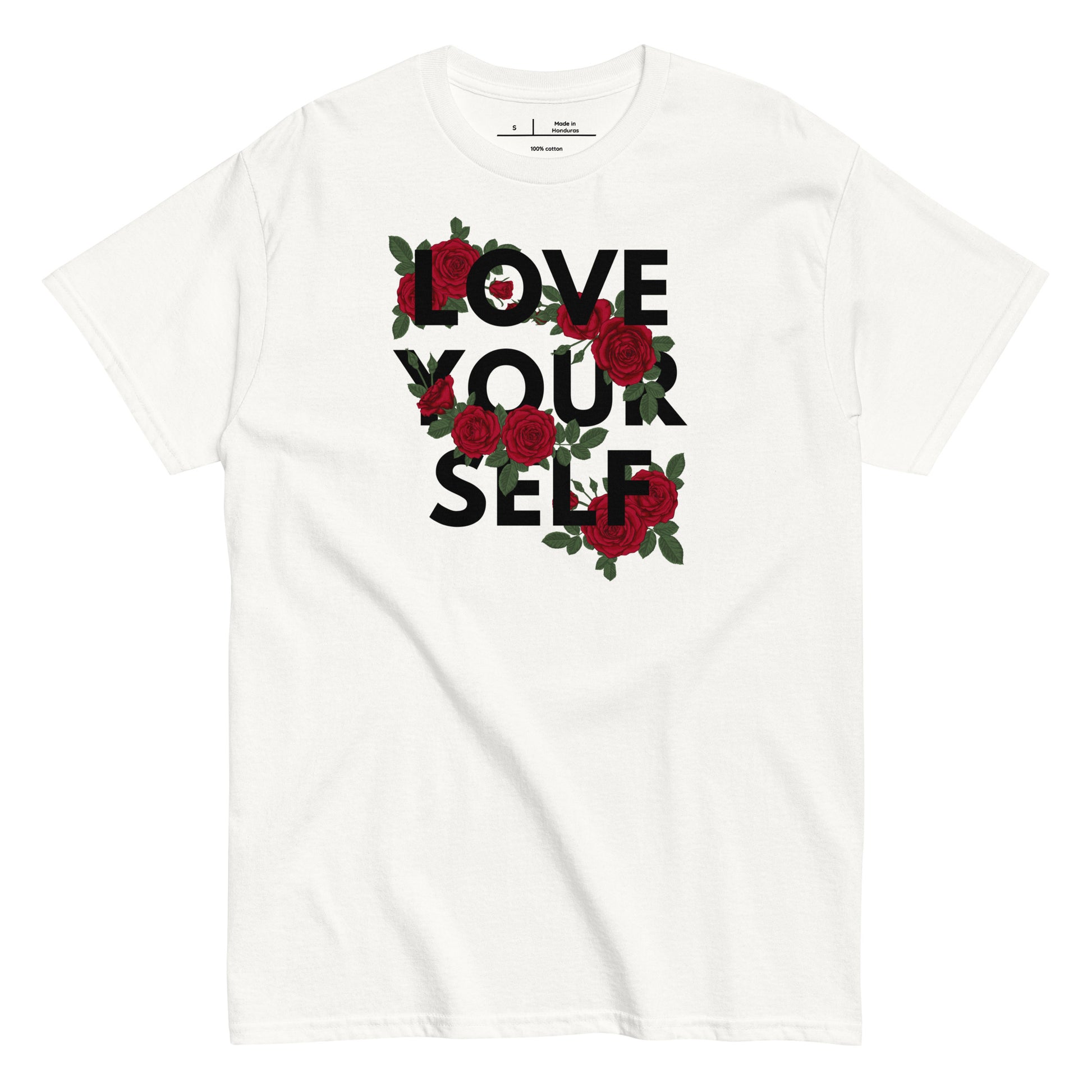 White t-shirt with 'Love Your Self' text and red roses on a white background