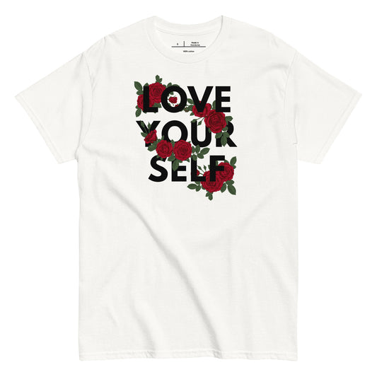 White t-shirt with 'Love Your Self' text and red roses on a white background