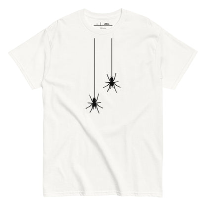 White t-shirt with black spider graphic on a white background