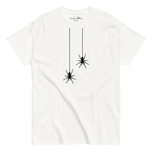 White t-shirt with black spider graphic on a white background