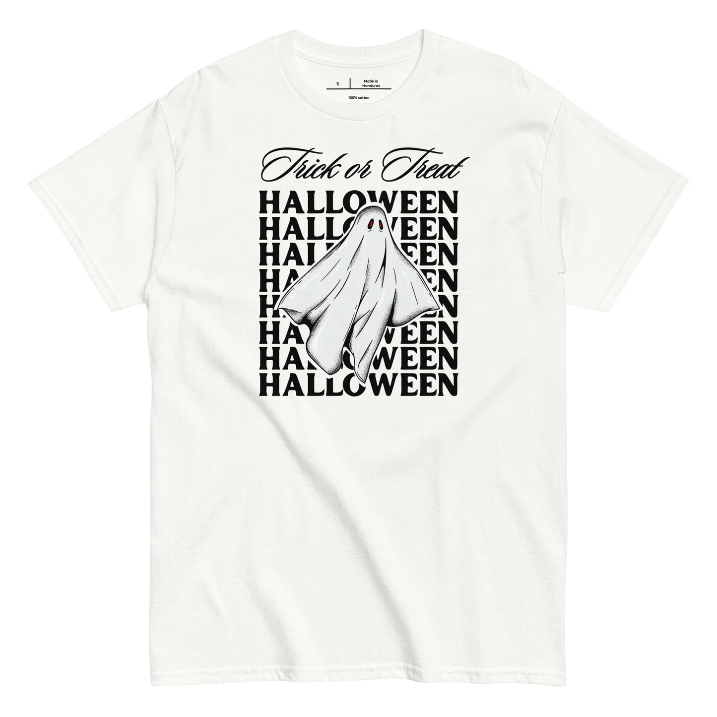 White t-shirt with Halloween-themed design featuring a ghost and text on a white background