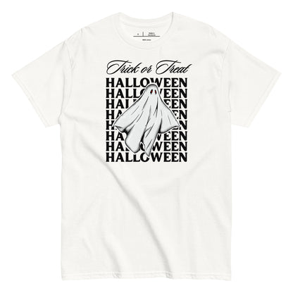 White t-shirt with Halloween-themed design featuring a ghost and text on a white background