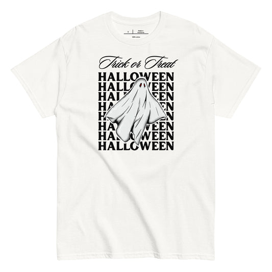 White t-shirt with Halloween-themed design featuring a ghost and text on a white background