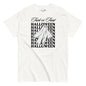 White t-shirt with Halloween-themed design featuring a ghost and text on a white background