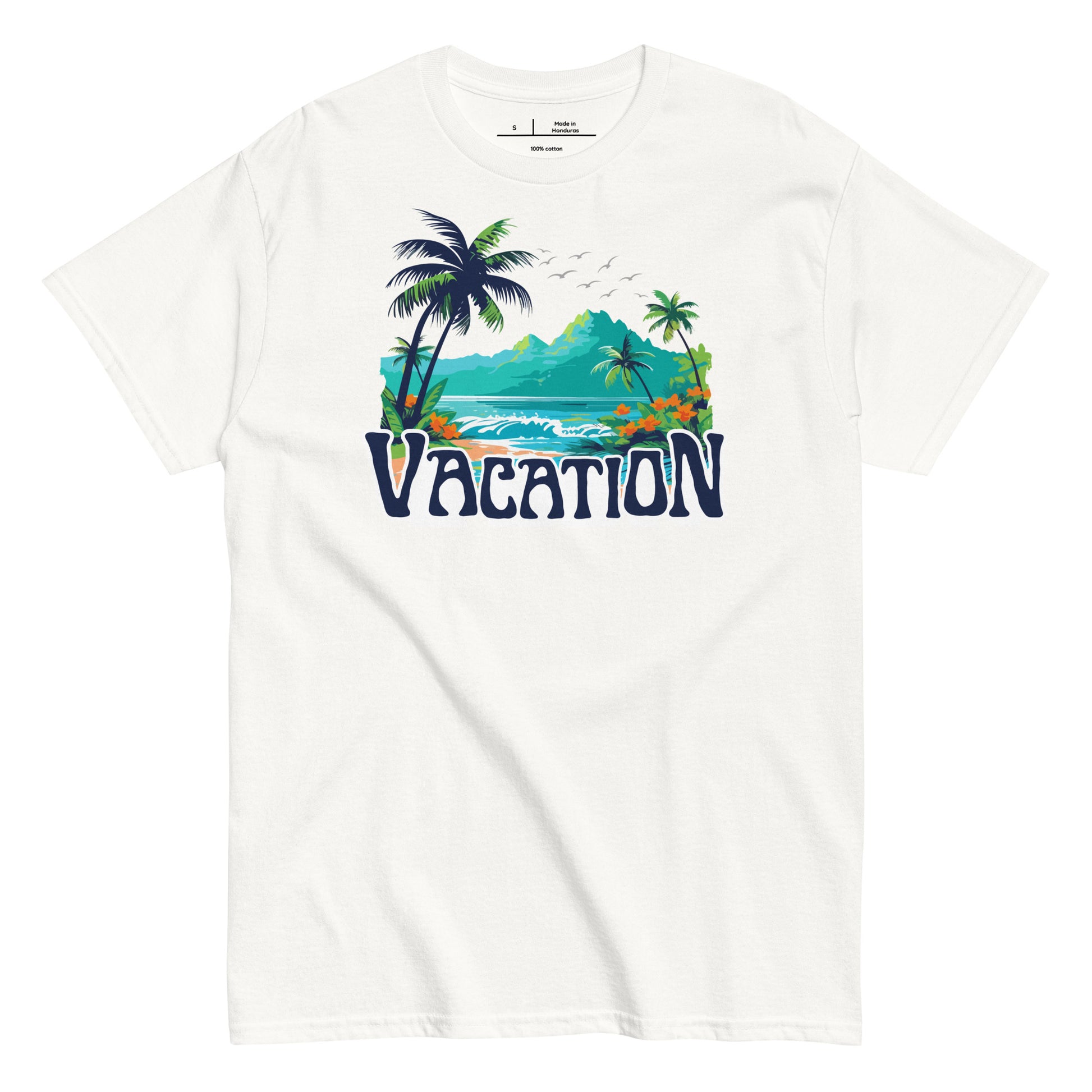 White t-shirt with 'Vacation' graphic design featuring palm trees and a beach on a white background