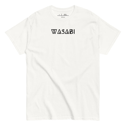 White t-shirt with 'WASABI' text on a white background