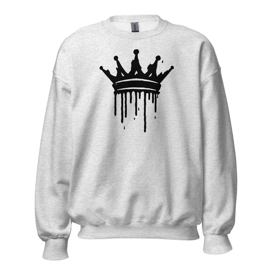 White sweatshirt with black fish graphic and text on a white background