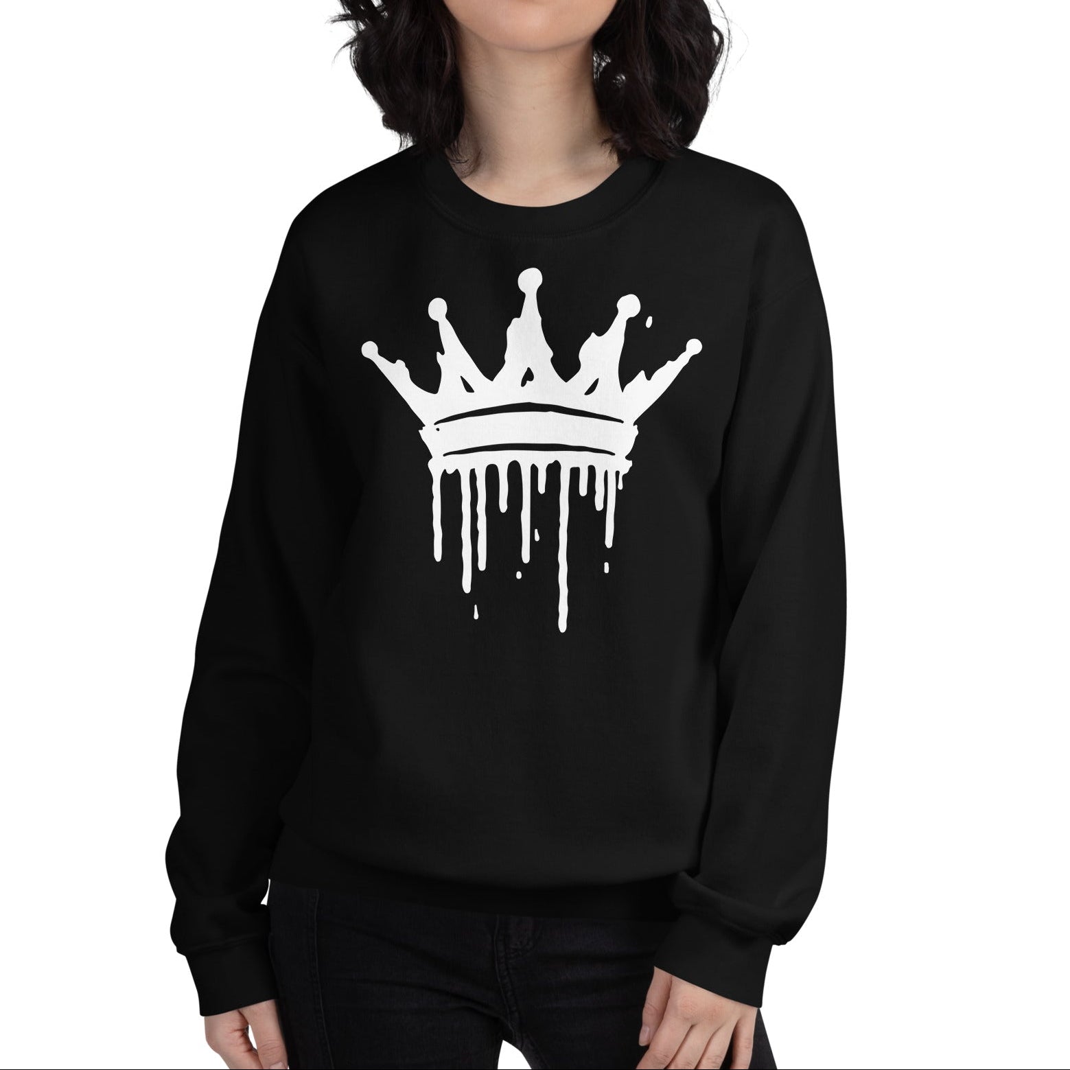 Person wearing a black sweatshirt with a white crown graphic on a white background
