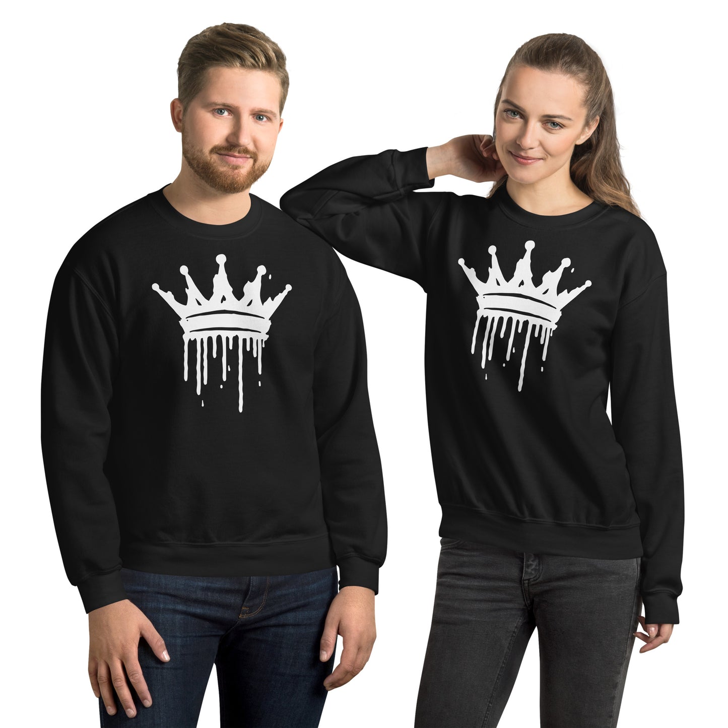 Two people wearing black sweatshirts with a white crown design on a white background