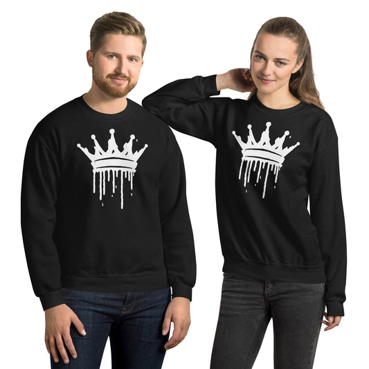 Two people wearing black sweatshirts with a white crown design on a white background