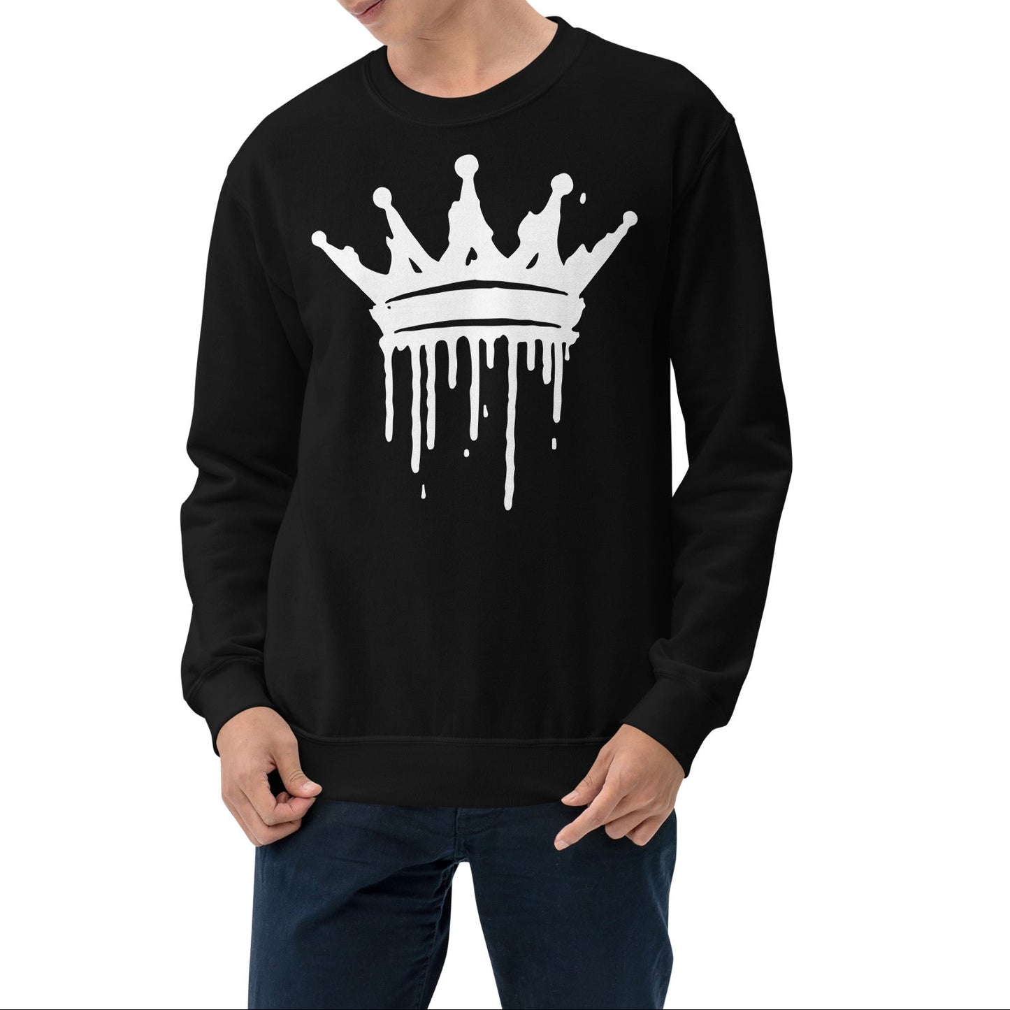 Person wearing a black sweatshirt with a white crown graphic on a white background