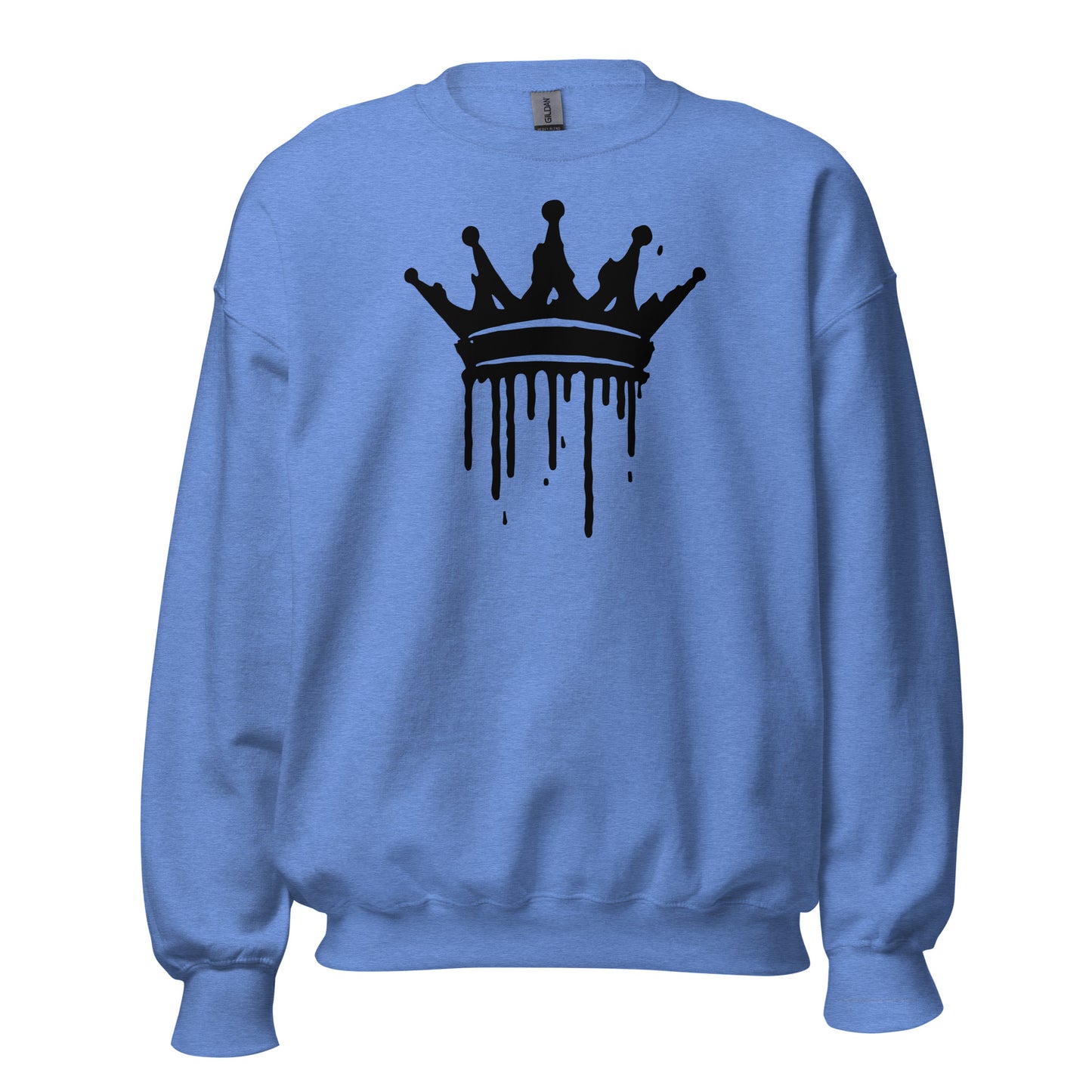 Blue sweatshirt with a black crown design on a white background