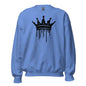 Blue sweatshirt with a black crown design on a white background