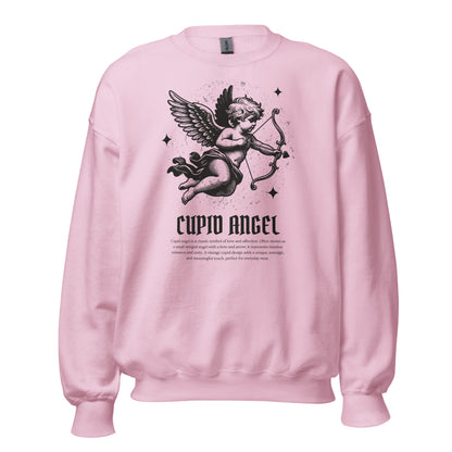 Pink sweatshirt with Cupid angel graphic and text on a white background