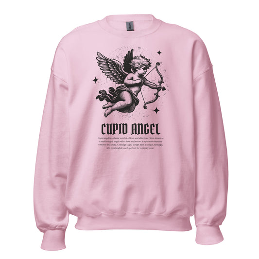 Pink sweatshirt with Cupid angel graphic and text on a white background