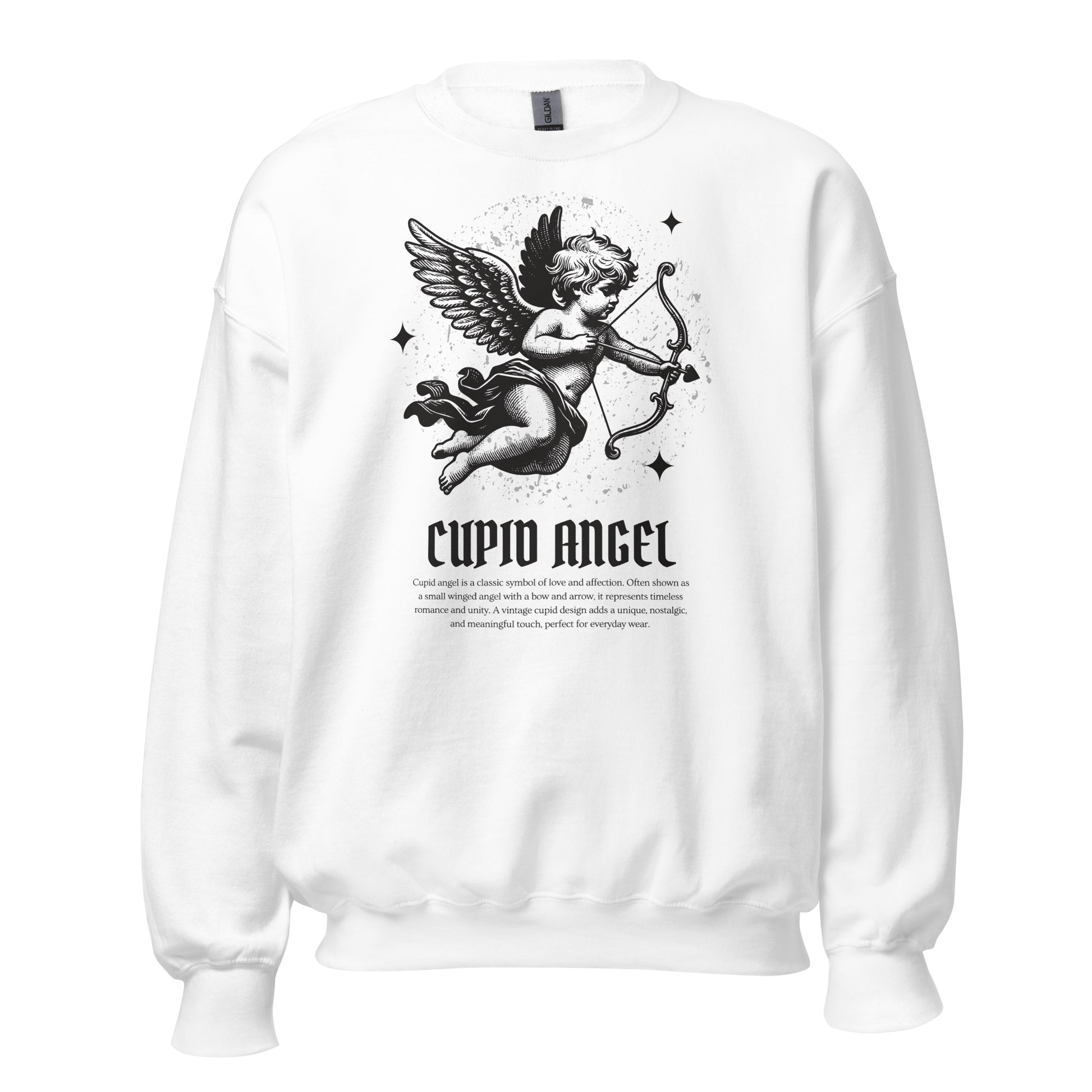 White sweatshirt with Cupid angel graphic and text on a white background