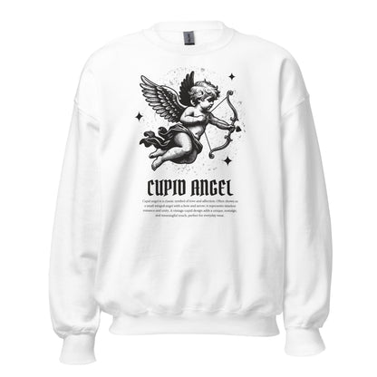 White sweatshirt with Cupid angel graphic and text on a white background