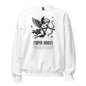 White sweatshirt with Cupid angel graphic and text on a white background