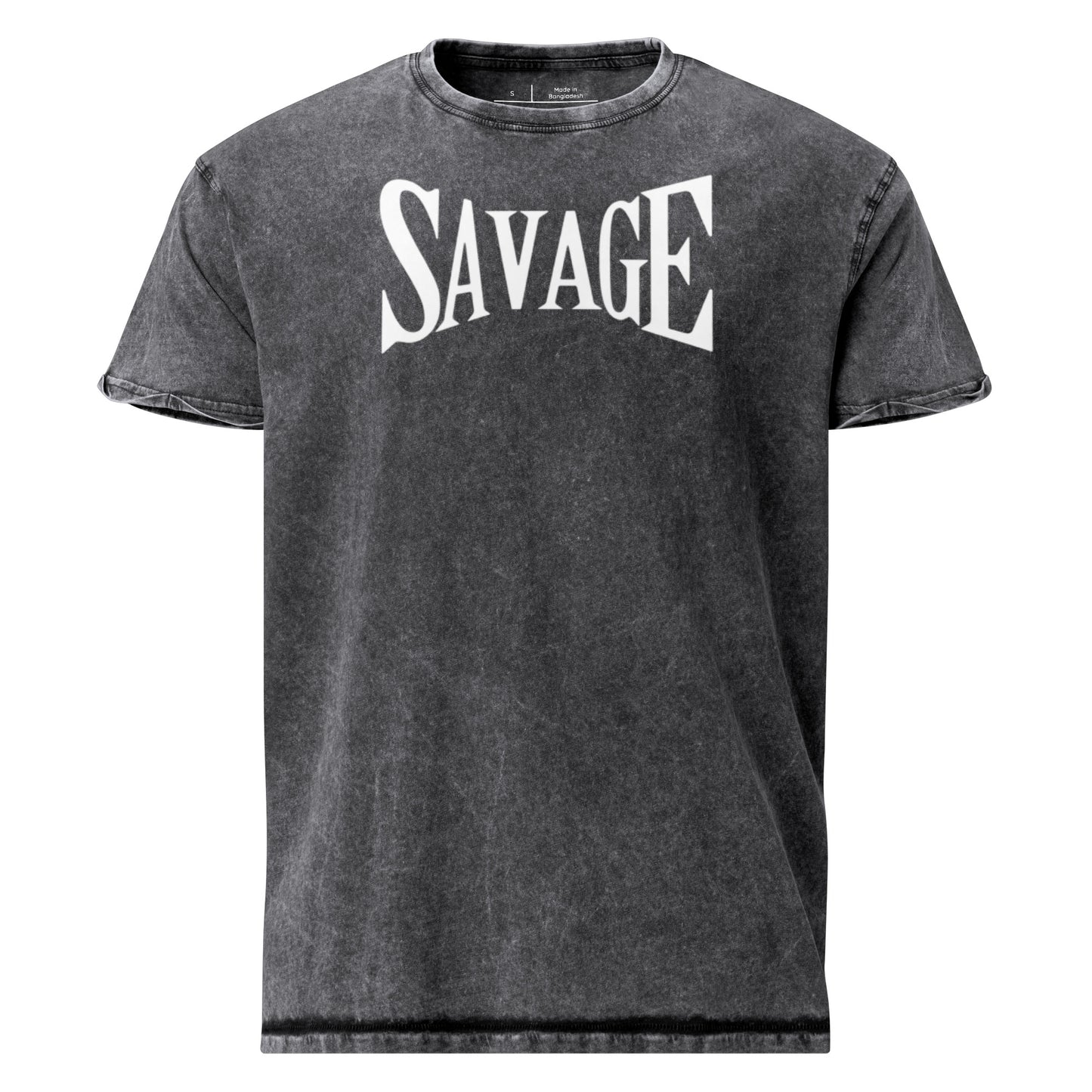 Black t-shirt with 'SAVAGE' print on a white background