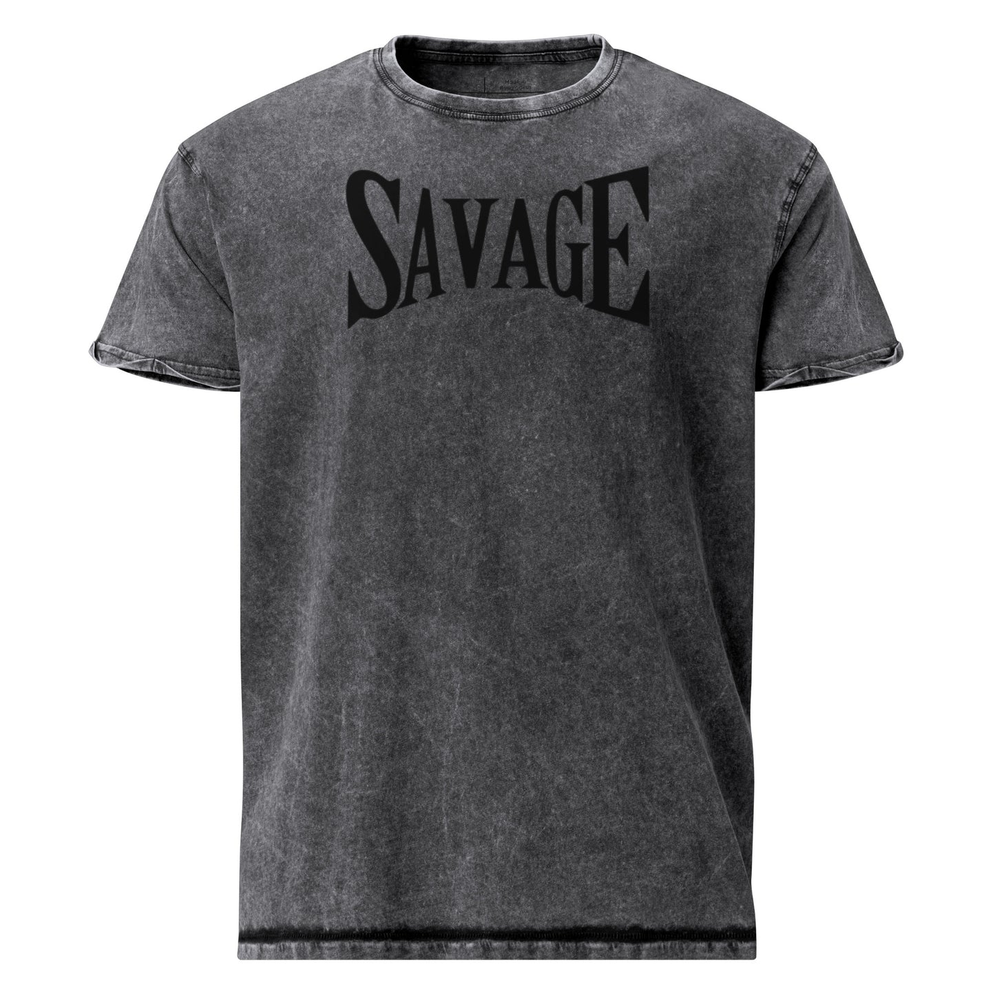 Black t-shirt with a blue surfboard design and text on a white background