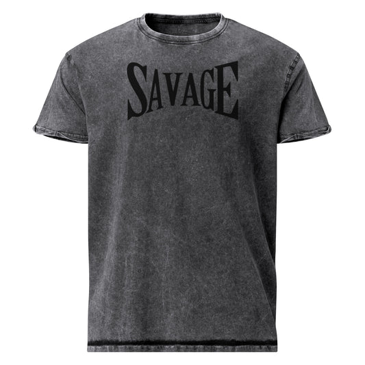 Black t-shirt with a blue surfboard design and text on a white background