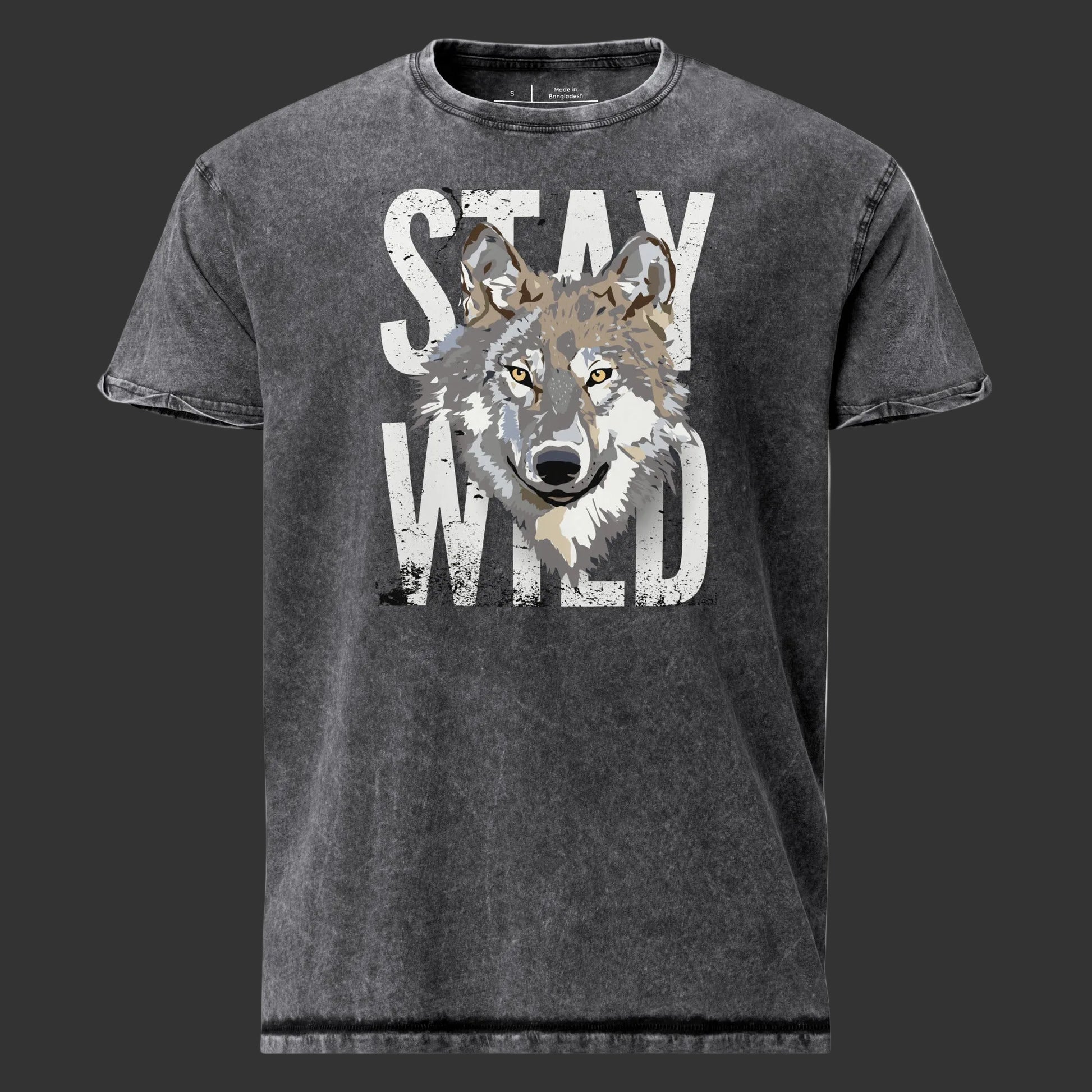 Black t-shirt with a wolf graphic and 'Stay Wild' text on a white background