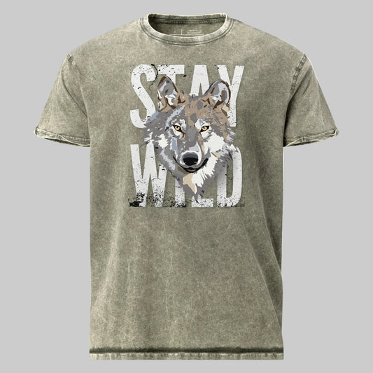 Green t-shirt with a wolf graphic and 'Stay Wild' text on a white background