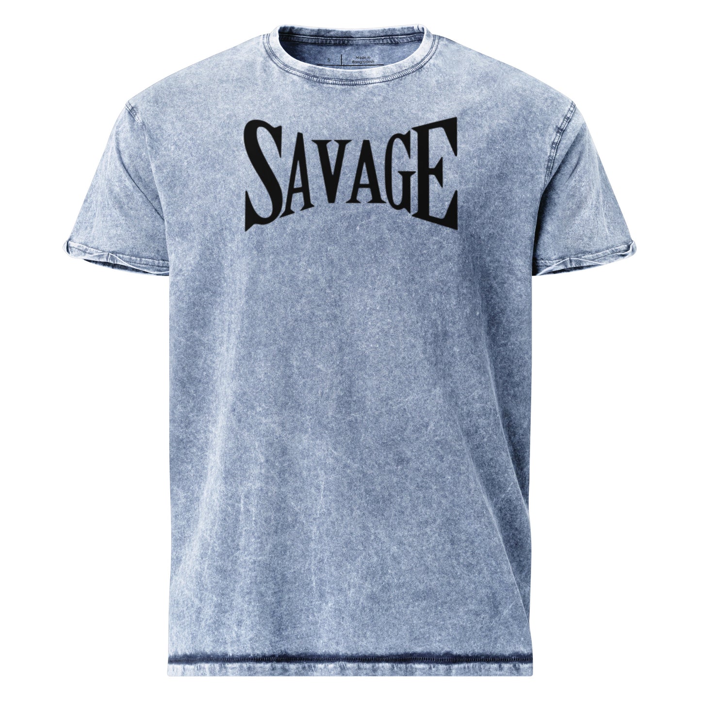 Blue t-shirt with 'SAVAGE' text on a white background