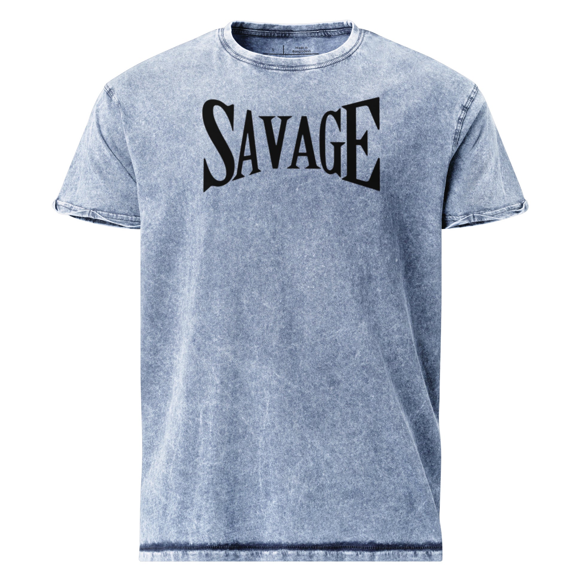Blue t-shirt with 'SAVAGE' text on a white background