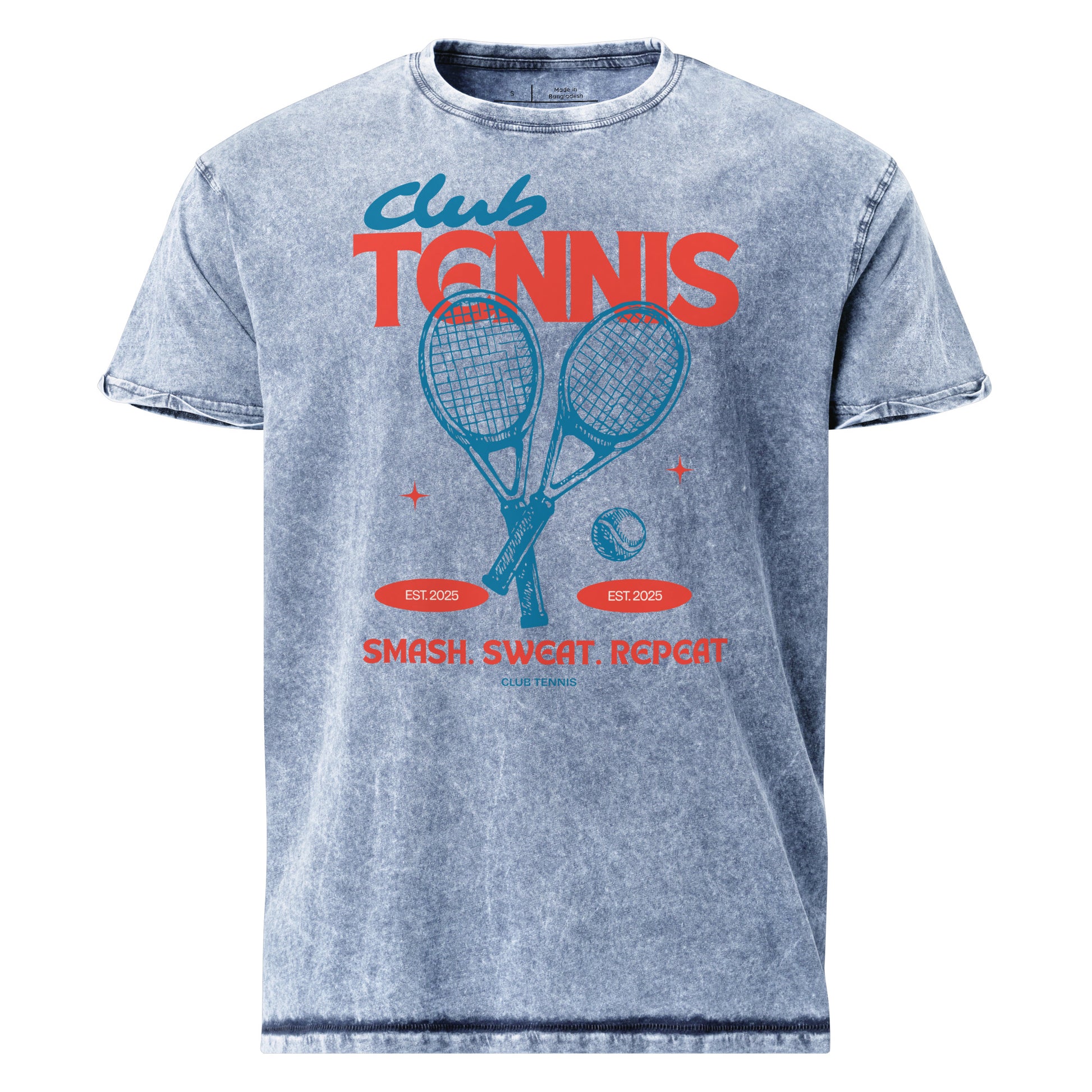 Gray t-shirt with 'Club Tennis' graphic design featuring tennis rackets and ball on a white background.