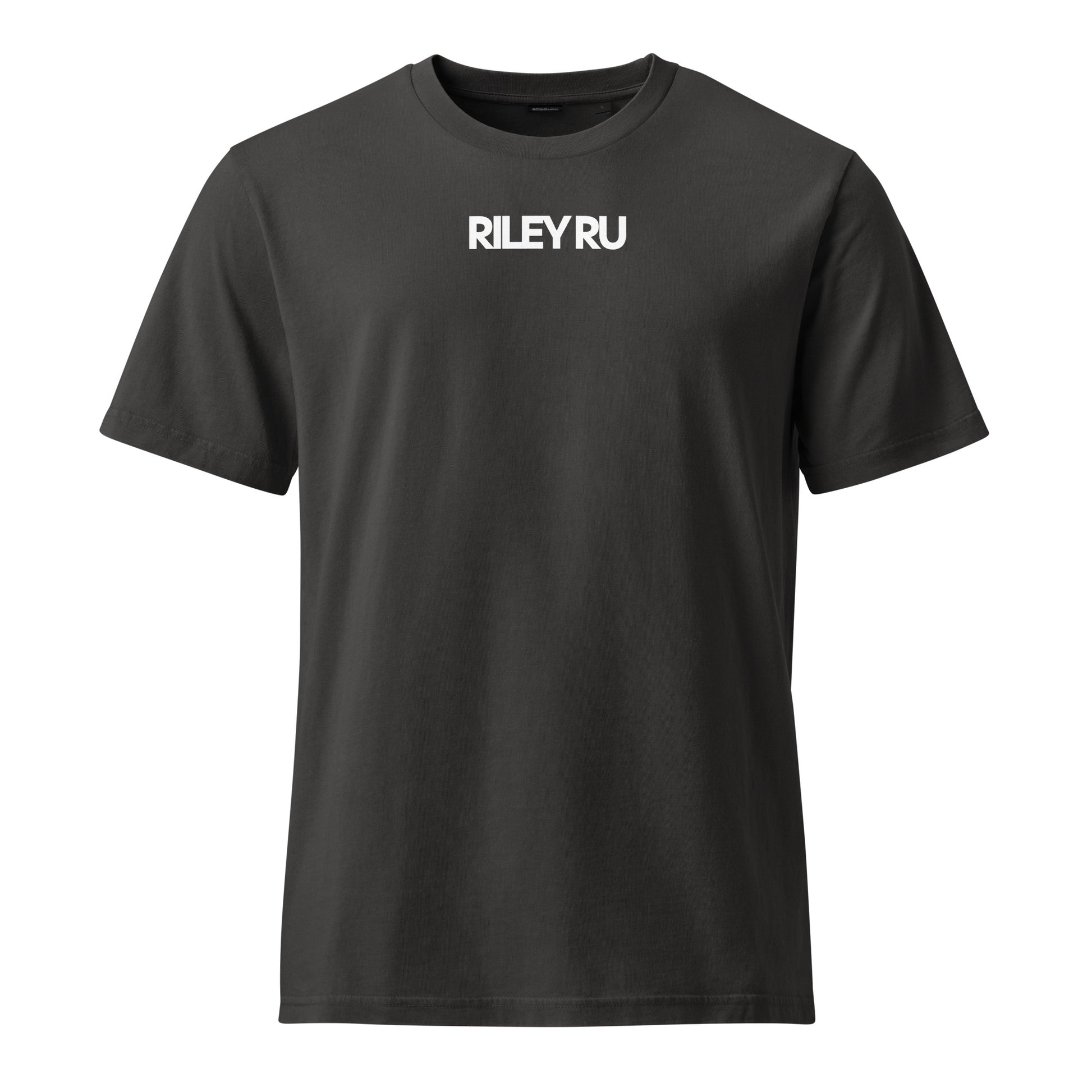 Black t-shirt with a small logo on the sleeve against a white background