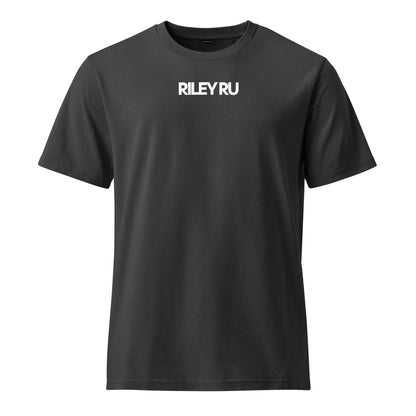 Black t-shirt with a small logo on the sleeve against a white background