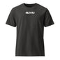 Black t-shirt with a small logo on the sleeve against a white background