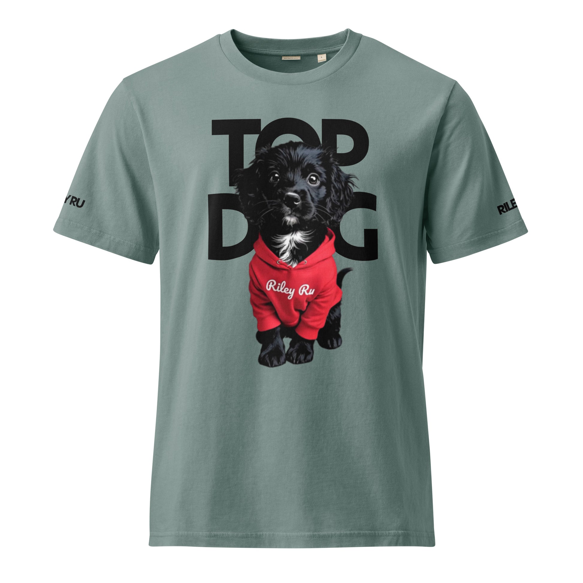 Green t-shirt with a black puppy in a red sweater graphic and 'Top Dog' text on a white background