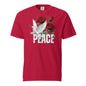 Red t-shirt with a white dove and roses design on a white background