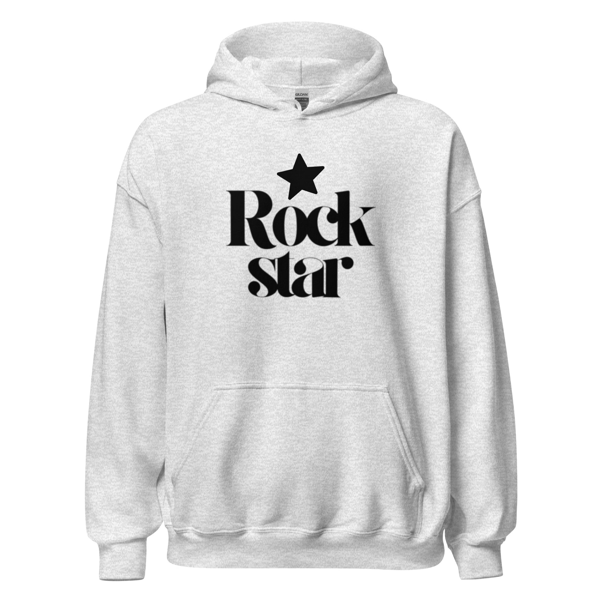 White hoodie with 'Rock Star' text and star graphic on a white background