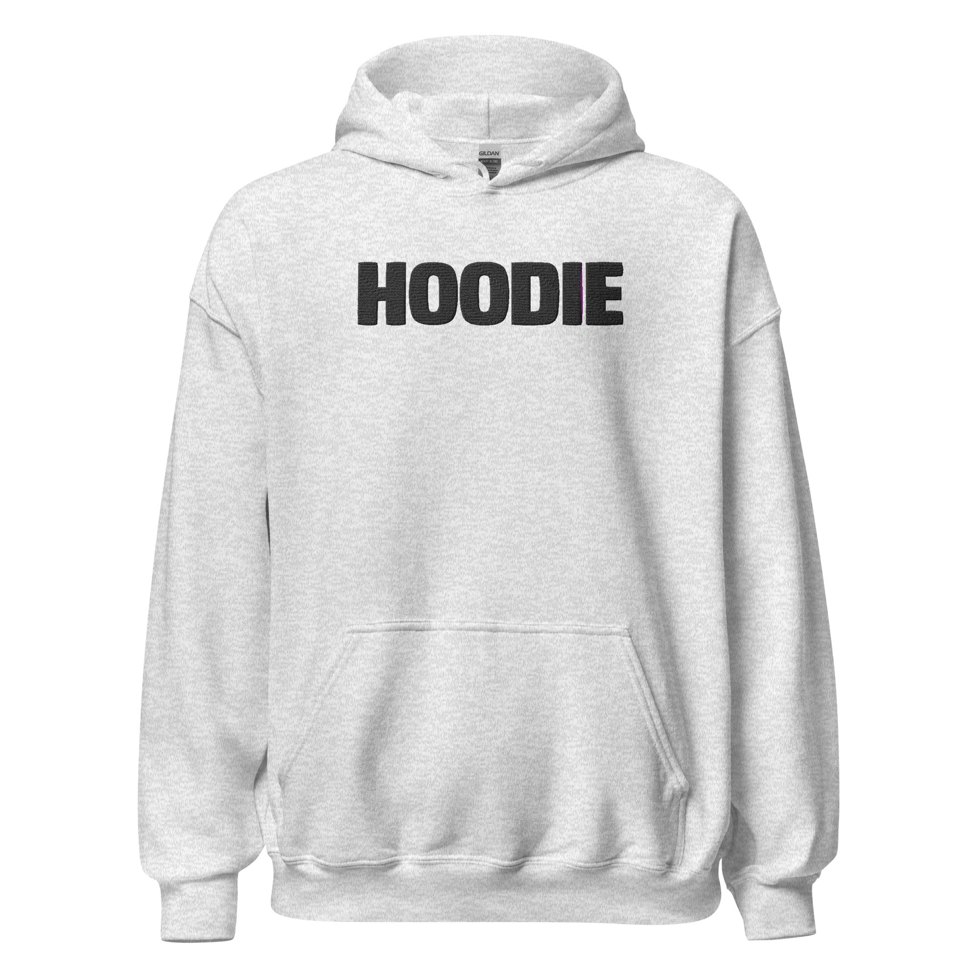 Gray hoodie with 'HOODIE' printed on the chest against a white background