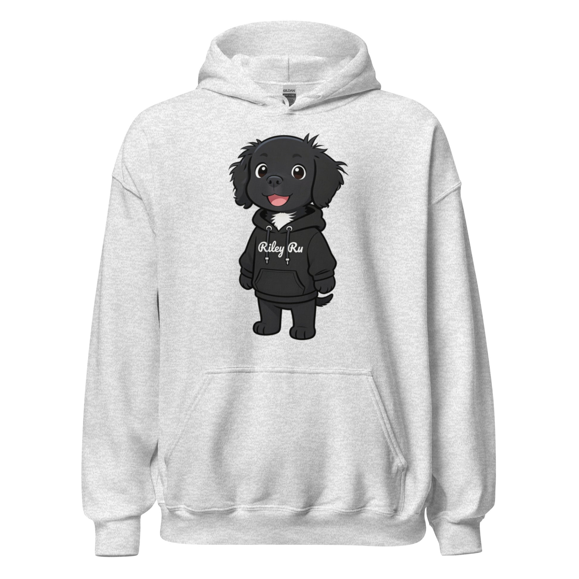 White hoodie with a black dog graphic and 'Riley Rus' text on a white background